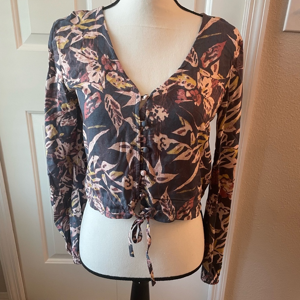 Roxy Floral Button-Front Tie-Hem Top - Black with Pink & Yellow Accents